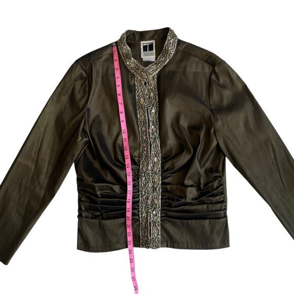 Tadashi Evening Jacket Brown Beaded Trim Ruched Crop Jacket Size 16 - Picture 7 of 15